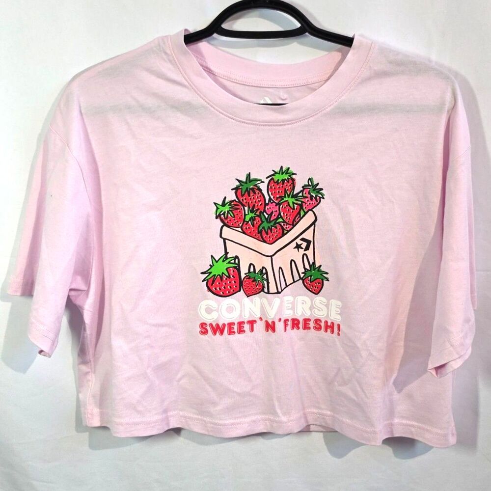 Converse Sweet N Fresh Strawberry Crop Top T-Shirt Baby Pink Graphic T Women's M